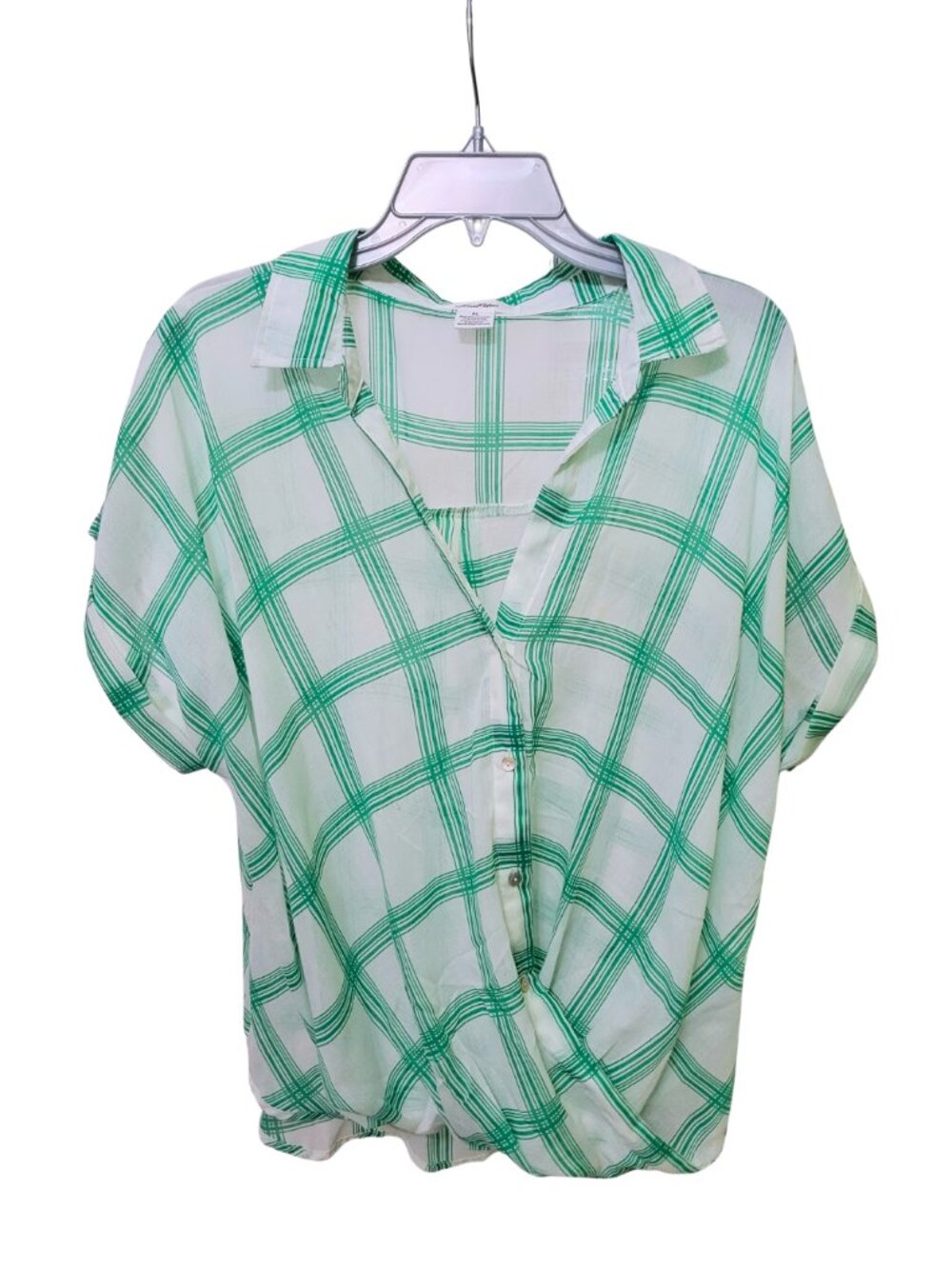 Short-Sleeve Plaid Twist-Front / Surplice Blouse | XL